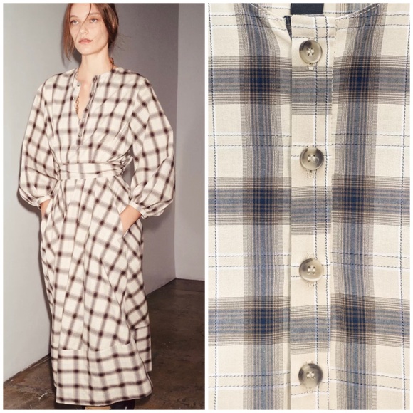 Zara Oversized Cotton Plaid Shirt Dress With Belt Tie ZW Collection Long Sleeves - Picture 4 of 12